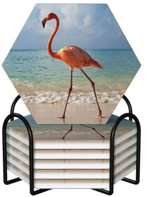 Wunderschönes Keramik-Untersetzer-Set mit Flamingo-Druck, sechseckig, rutschfest, mit saugfähigem Korkboden und Metallhalter, 6 Stück