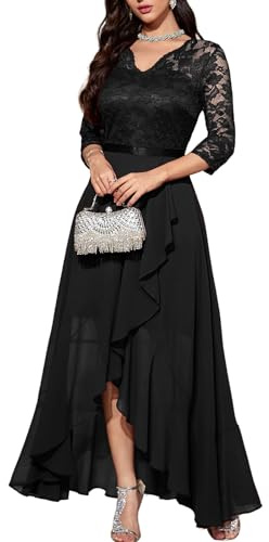 Bboninedress Robe de Soirée Cocktail Femme Asymétrique pour Gala Fiançailles Demoiselle d'honneur Mariage Invité Anniversaire Cérémonie Baptême Col en V Manches 3/4 Black 2XL