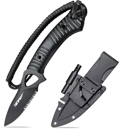TONIFE Explorer Coltello a Lama Fissa con Fodero in Plastica 8Cr14MoV Coltello da Sopravvivenza, Impugnatura Ergonomica per la Pesca all'aperto Coltello da Pesca (Nero Titanio con dentatura)