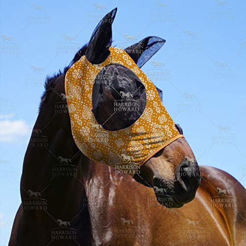 Harrison Howard Máscara de mosca de caballo súper cómoda, elástica, con orejas, protección UV, para caballo, floral, retro, M Cob
