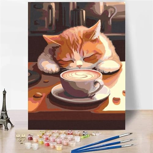 Peinture par Numero Adulte,Chat tasse à café DIY Acryliques Peinture Numero Kit de Peinture à l'huile sur Toile avec Brosses et Peintures Acryliques Cadeau pour Mur de Maison(avec Cadre)50x65cm
