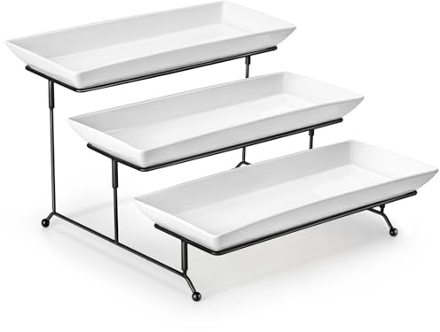 MALACASA 3 Tier Serving Tray, Porcelain Tiered Cupcake Stand, Ceramic Elevated Serving Platter with Collapsible Sturdier Rack,Series PLAT (White, 14 Inch)