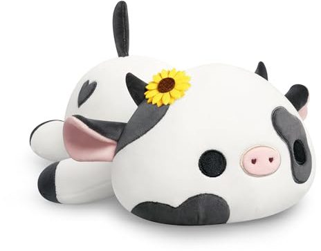 shownicer Peluche mucca in peluche - Cuscino coccola - Mucca kawaii - Giocattolo di peluche - Cuscino di peluche - Mucca da latte - Peluche - Cuscino da lancio - Regalo per bambine di 12+ anni (Nero)
