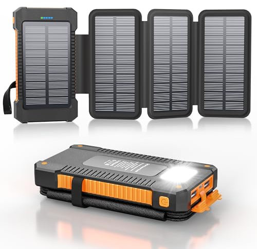Solar Powerbank 2 6 800 mAh med 4 solpaneler, powerbank USB-C snabbladdning för Samsung och mer, IPX7 vattentäta utomhus externa batterier med ficklampa kontinuerligt ljus/SOS/stroboskop