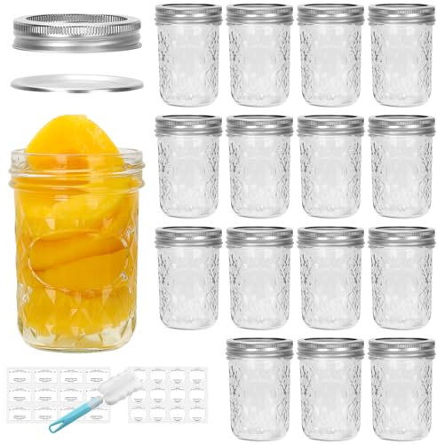 DHSBTLS Glass Regular Mouth Mason Jars, 15 Pack 8 oz Glass Canning Jars with Silver Aluminum Lids and Bands, Airtight Jars for Food Storage, Canning, Overnight Oats, Fermenting, Pickling, Decor