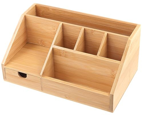 KEILEOHO Holz Schreibtisch Organizer mit Stiftehalter und Schublade, Bambus Schreibtischorganizer Stifteköcher Schreibtischablage für Büro, Zuhause, 24,5 x 15 x 11 cm