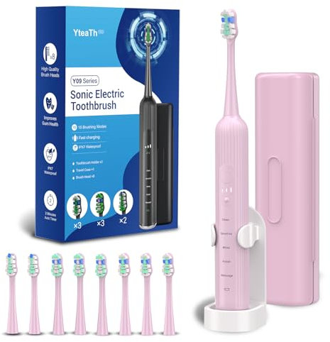 Electric Toothbrush for Adults and Kids, Sonic 47,000 VPM with 5 Modes and 3 Intensities, Travel Toothbrush with Case, 3 Hours Charge for 60 Days, Built-in Smart Timer Pink