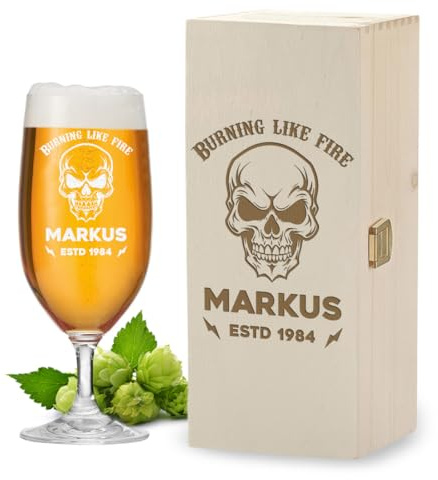 polar-effekt Leonardo Pilstulpe 0,3 L und Holzkiste mit personalisierter Gravur - Geschenke für Männer zum Geburtstag - Bierglas für Pils, Lager und Export