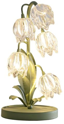 SJHPZG Lámpara de Mesa de tulipán Verde Lámpara de Escritorio de Noche de Flores Vintage con Bombillas LED G4 Lámpara de mesita de Noche Floral Elegante para Dormitorio Lectura