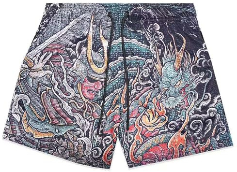BOOMLEMON Mens Mesh Graphic Shorts Retro Designer Basketball Athletic Shorts Summer Casual Cool Streetwear Short Pants(Crouching Samurai XS)