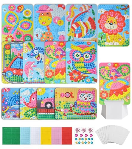 12 Stück Mosaik Bastelset für Kinder, Klebebilder Basteln Frühling DIY Mosaike Aufkleber, Sticky Mosaics, Kunst Kindergeburtstag, Party Beschäftigung Geschenke für Mädchen Jungen ab 3 4 5 6 7 8 Jahre