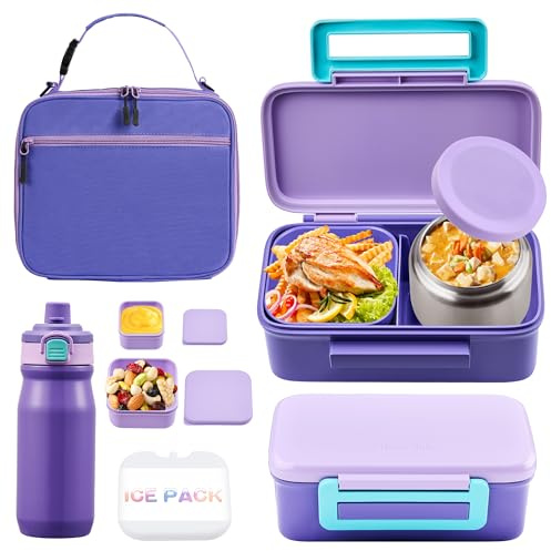 JXXM Bento-Lunchbox für Kinder mit 237 ml Thermo, auslaufsichere Bento-Box mit 2 Fächern, isolierte Flasche, Lunch-Tasche, BPA-frei, spülmaschinenfest, für Schule, Mädchen, Jungen (lila)