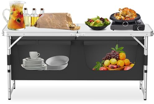 AufuN Campingkök, 120 x 47 x 62 cm vikbart campingskåp med bärväska – 2-vägs justerbar höjd, med bänkskiva och förvaringsfack för camping, picknick, grillkvällar, husbil, utomhuskök