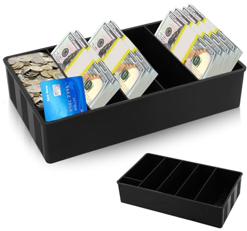 Caisse portable réglable avec compartiment à monnaie, 30 x 17,5 x 6,7 cm, 5 compartiments pour argent, boîte de rangement pour monnaie, pour banques, supermarchés, hôpitaux (noir)