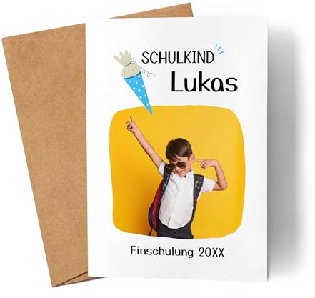 Kiddle-Design Karte Schulkind 2026 Junge Mädchen, Einschulung Schulanfang personalisierte Grußkarte mit Name und Foto, Einschulungskarte zum ersten Schultag für Erstklässler