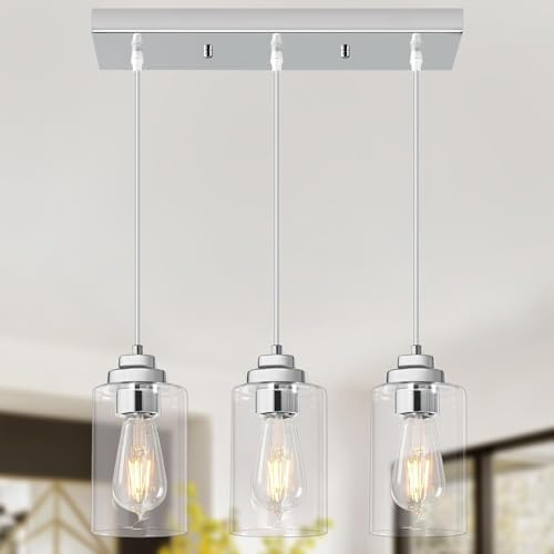 SHJNGMY Moderne Hängelicht Insel Industrie Pendelleuchte Samen Glas Deckenlampe Chrom Bauernhaus Beleuchtung für Küche Insel Flur Schlafzimmer Bar Esszimmer (3-Licht)