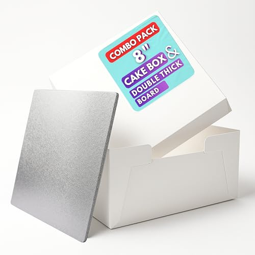 Pack N Trade 8 Inch White Cake Box & 8″ Silver Foil Square Cake Board Combo – 3mm Double Thick MDF Board, Reusable & Sturdy Cake Base, Ideal for Safely Carrying and Transporting Cakes