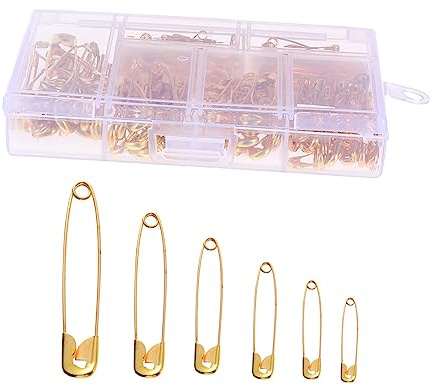 CLISPEED 250PCS High Strength Steel DIY Safety Pins with Nickel Finish for Sewing Accessories and Clothing Fastening Mini Cloth Pins in Mixed Gold Silver Colors with Storage Box for Crafts