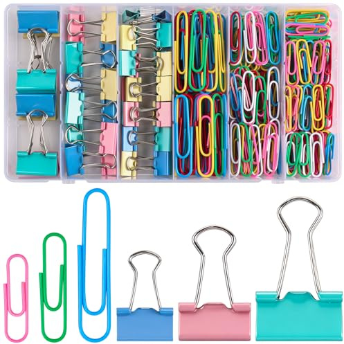Caianwin 300 Stück Foldback Klammern und Büroklammern, 40/32/25mm Bunt Binder Clips, 55/33/28mm Paper Clips Vielzweckklammern, Dokumenten Clips Papierklammern Metall