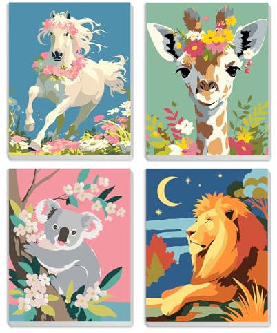 MXJSUA Animales Koala León Caballo Jirafa Lot De 4 Kits De Peinture Par Numéros Avec Cadre pour Enfants et Adultes, Peintures À L’Huile Acryliques pour Enfants Débutants four Décor Maison 20x20cm