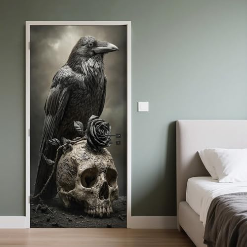 Gothic Stil Türaufkleber 3D Krähe Türtapete Selbstklebend Totenkopf Rose Türfolie TürPoster Innentür PVC Wasserdicht Abnehmbar für Wohnzimmer Schlafzimmer Bad 77x200cm