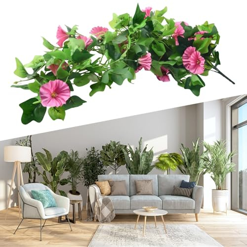 CARMOTTER Artificial Hanging Silk Flowers Vine, 100cm Fake Jasmine and Morning Glory Plant for Wedding Party Home Decor, Washable & Realistic Indoor Outdoor Decoration(Morning glory Rose)