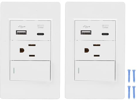 Fafeicy Wandsteckdose, 15 A, 3-polige Steckdose mit USB-Typ-C- und 2,1-A-Anschlüssen, Überlastschutz und Brandschutz, für Standard-Elektrokästen und Schnelle Installation (US-Stecker)