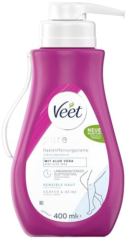 Veet Pure Haarentfernungscreme für Körper, Arme & Beine - Enthaarungscreme für sensible Haut - Minimum an Inhaltsstoffen, mit Bio Aloe Vera, Vegan, 400 ml Spender inkl. Spatel