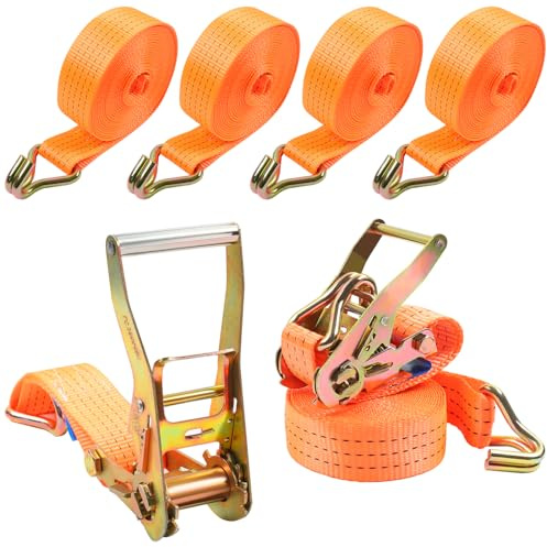 MaxEarn 4 Stück Spanngurte mit Ratsche und Haken, 6m x 50mm x 5000kg, 2-Teilig Zurrgurte mit Ratsche, Orange Ratschengurt Set für Feste Ladung