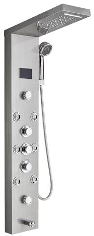 Harnart Bathroom Brushed Shower Panel Tower System Stainless Steel LED 5 Functions with Temperature Display Shower Screen Rain Waterfall Shower Handle and 6 Body Jets with Bathtub Spout
