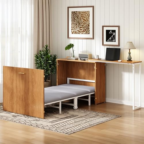 Taikonaut Klappbett, Schrankbett, Wandbett mit drehbarem Schreibtisch, 90 200 cm, mit Matratze und Rollen, Weiß/Holzfarbe, für kleine Räume, Gästezimmer und Homeoffice