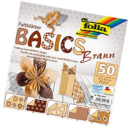 folia 466/2020 - Faltblätter Basics braun 20 x 20 cm, 80 g/qm, 50 Blatt sortiert in 5 Motiven - ideal für wunderschöne Faltfiguren und -formen
