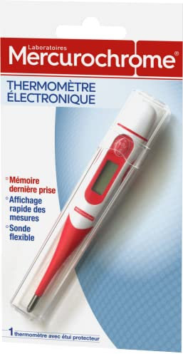MERCUROCHROME - Thermomètre Electronique - Facile et Rapide à utiliser - Sonde Flexible - Mémoire dernière prise - Etui Protecteur et Pile Fournis - 1 unité