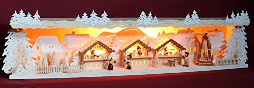Große 3D Schwibbogen-Unterbank Weihnachtsmarkt verschneit Handarbeit aus dem Erzgebirge