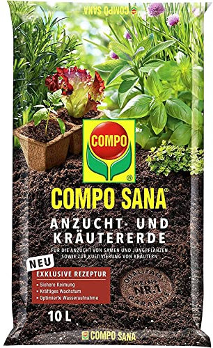 Compo SANA Anzucht- und Kräutererde mit 6 Wochen Dünger für alle Jung- und Kräuterpflanzen, Kultursubstrat, 10 Liter