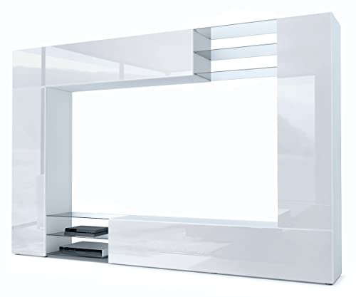 Vladon Wohnwand Mirage, Made in Germany, Anbauwand mit Rückwand mit 2 Türen, 2 Klappen und 6 offenen Glasablagen, Weiß matt/Weiß Hochglanz (262 x 183 x 39 cm)