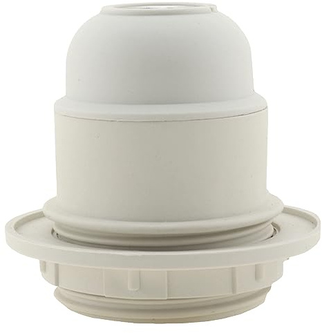 Edison Screw (E27 / ES) Lampholder (Light Bulb Socket) in White Thermoset Plastic (Bakelite) with Shade Ring and 10mm Threaded Entry