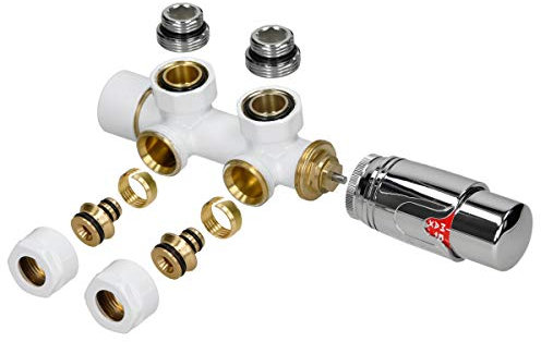 ECD Germany Valvola Termostatica Radiatore Set di Collegamento Termostato per Termosifoni e Scaldasalviette 50mm Bianco Collegamento Centrale a Muro Testa Termostatica Rubinetto Valvola per Radiatori