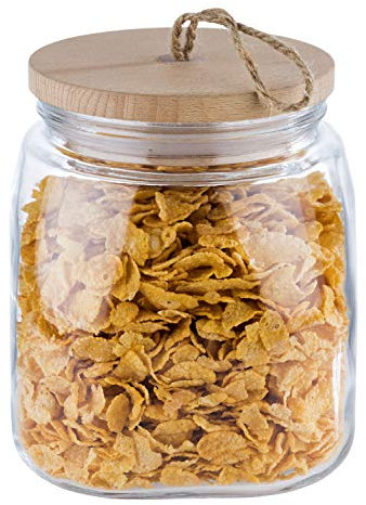 Barattolo APS Woody - Contenitore in vetro di alta qualità con coperchio in legno - La guarnizione in silicone mantiene più a lungo l'aroma del contenuto - 2 litri, contenitore di conservazione