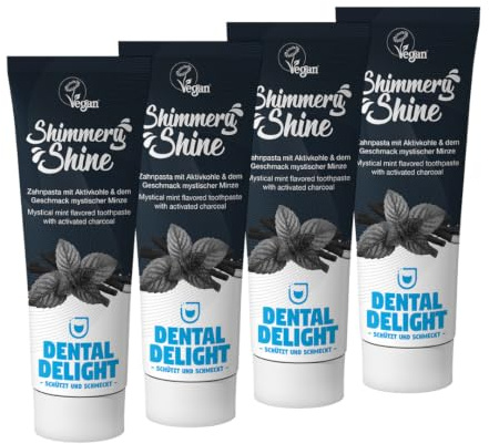 DENTAL DELIGHT 4er Pack Shimmery Shine Zahnpasta Aktivkohle Whitening | Zahncreme, 1450 ppm Fluorid, Made in Germany, Minze, Vegan – unterstützt natürlich weiße Zähne und frischen Atem.