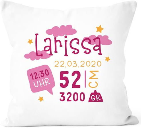 SpecialMe® personalisierbare Kissen-Hülle zur Geburt mit Wolken Sternen Geburtskissen Namenskissen Geschenk Geburt Baby Weiss Unisize