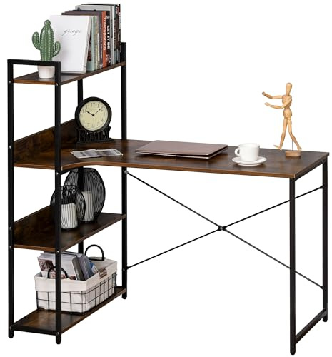 HOMCOM Retro Industrial Computer Desk Home Office Table with 4-Tier Storage Shelf Metal Frame Computer Workstation for Home Office, Brown