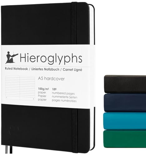 Hieroglyphs Notizbuch A5 Hardcover, 189 Nummerierten Seiten, 3 Farben, Organisationsregister, Tasche, Elastikverschluss, 2 Lesezeichen, Schwarz