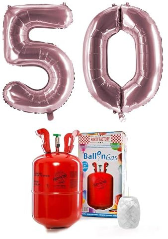 Party Factory – Helium Gasflasche 200L im Set mit XXL Zahlenballon 50 Rosé – Partydeko Ballongas Flasche mit Folienballon & 40 m weißer Ballonschnur – Einwegflaschen mit Knick-Füllventil