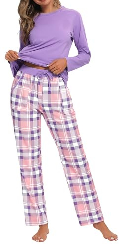Uniexcosm Ensemble de Pyjama Femme Manches Longues à Carreaux | Deux matières selon le modèle : coton extensible ou coton mélangé, avec haut manches longues et pantalon à carreaux