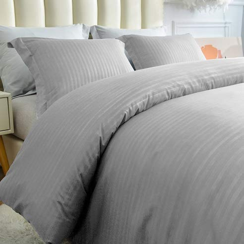 Wega Linen Duvet Cover Queen/Full/Full XL 90x90 Comforter Cover Light Grey Stripe Soft and Cotton Hidden Zipper Closure & Corner Ties