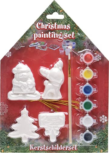 Set DIY Christbaumschmuck Weihnachtsschmuck Weihnachtsanhänger Weihnachtskugeln zum Personalisieren, Selbstgestalten & Bemalen mit 6 Farben und Pinsel, Geschenkidee, 6cm (4 Anhänger Santa)