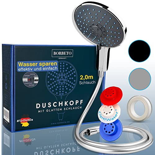 BORBETO® Duschkopf Relaxx7 Chrom Blau – Inklusive glattem [2,0m] Schlauch – Sieben [7] Wohlfühlprogramme – [150mm] Regendusche – EasyClean Düsen im Brausekopf – Wassersparende Duschbrause …