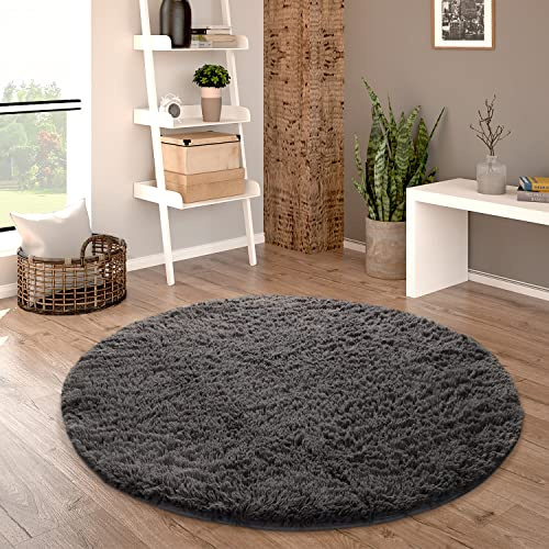 Paco Home Hochflor Teppich Rund Wohnzimmer Schlafzimmer rutschfest Shaggy Modern Flauschig Einfarbig Langflor Kunstfell, Grösse:200 cm Rund, Farbe:Anthrazit