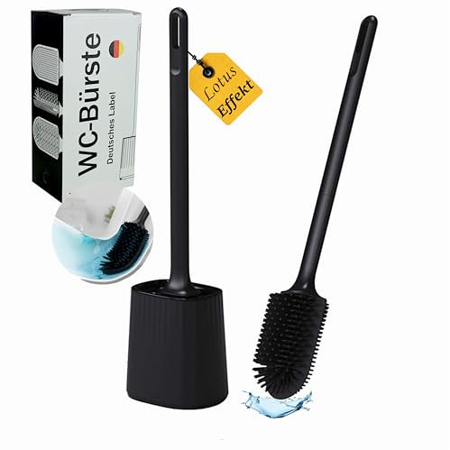 R&B German Label-Klobürste aus Silikon–Toilettenbürste für die Wandmontage–WC Bürste ohne Bohren-Klobürstenhalter-Toilet Brush-Flache WC Bürstengarnitur-Toilettenbürstenhalter-(Schwarz)